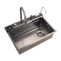 Robinet de cuisine en acier inoxydable 304 avec commande à touches de piano, affichage numérique de la température et support d'évier à jet de pluie