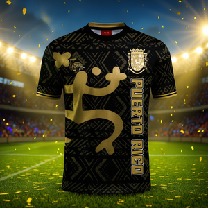 Maglia da Calcio di Porto Rico Nera e Oro con Nome e Numero Personalizzati Stile Tano Tribale - Product Image 3