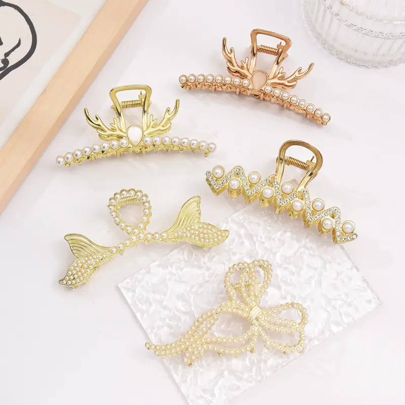 Antler Fish Tail Pearl Inlaid Diamond Fashion Hair Crab Clip Glitter Crystals Bling Bow Butterfly Metal Pearl Rhinestone Claw