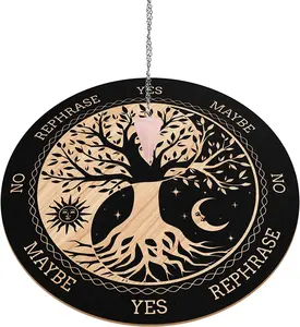 Witch Sun Moon Swing Board Tree of Life Round Wooden Ouija Board Crystal Necklace Witchcraft Witchcraft Altar Supplies Kit.