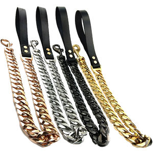 Premium Luxus Vergoldete Hundeleine Tudor Gold Edelstahl Kubanische Kette Haustierleine mit Ledergriff - Product Image 1