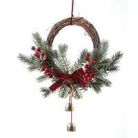 Nouvelle couronne de Noël en rotin avec fleurs, clochette, nœud, branche d'arbre rouge, décoration de porte, pendentif de fenêtre de Noël