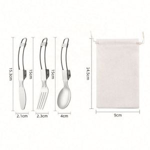 Custom LOGO <b>Mirror</b> Polish <b>Foldable</b> 304 Stainless Steel Spoon Fork Knife Travel Cutlery Set with Storage Pouch - Product Image 3
