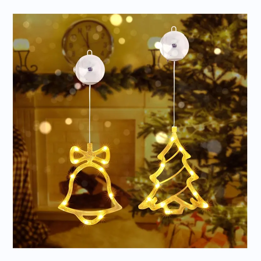 Weihnachtsfensterlichter mit Timer, Glocken Weihnachtsbaum-Hintergrund-Dekorationslichter mit Absaugbeckenhaken für Indoor