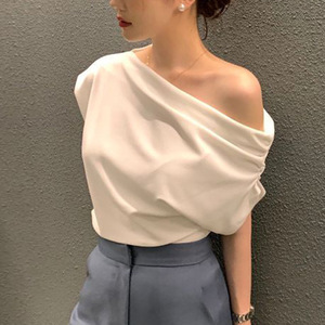 Women's Chic Summer Irregular Slant Shoulder Design Loose Solid Color Pullover Short Sleeve T-shirt Shirt Fashion - Product Image 1