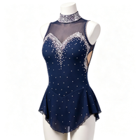 Robe de patinage artistique bleu marine personnalisée avec strass pour filles (Spandex/Nylon)