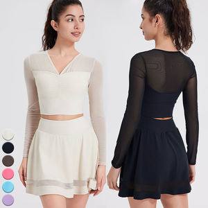 カスタムレディースハイウエストメッシュ長袖クロップトップテニススカート<span class=keywords><strong>2</strong></span>ピースセットレディースフィットネススポーツ2in1テニスゴルフスカートスーツ - Product Image 1