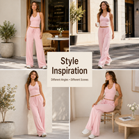 Conjunto de Dos Piezas Personalizado para Mujer, Top Corto con Cuello en V Acanalado, Pantalones Anchos con Cordón, Suaves y Elásticos, para Uso Diario Informal