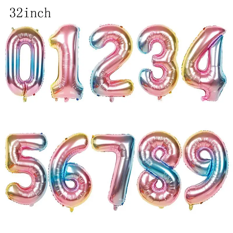Regenboog Kleur 32 Inch Aluminium Folie Ballonnen Gradiënt Aantal Ballon Voor Diy Verjaardagsfeestje Decoratie
