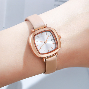 Reloj cuadrado de oro rosa para mujer, correa de cuero beige, esfera con efecto rayos de sol, elegante reloj de pulsera de cuarzo - Product Image 2