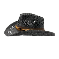 Chapeau de cowboy noir imitation paille en gros |   Chapeaux de festival Panama personnalisés en cuir ajouré et perles de bois, protection solaire pour adultes