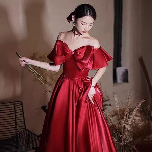 Red Off The Shoulder Evening Gown Long Claret Polyester Simple Design Bridal Dress For Engagement Or Wedding Return Home - Product Image 1