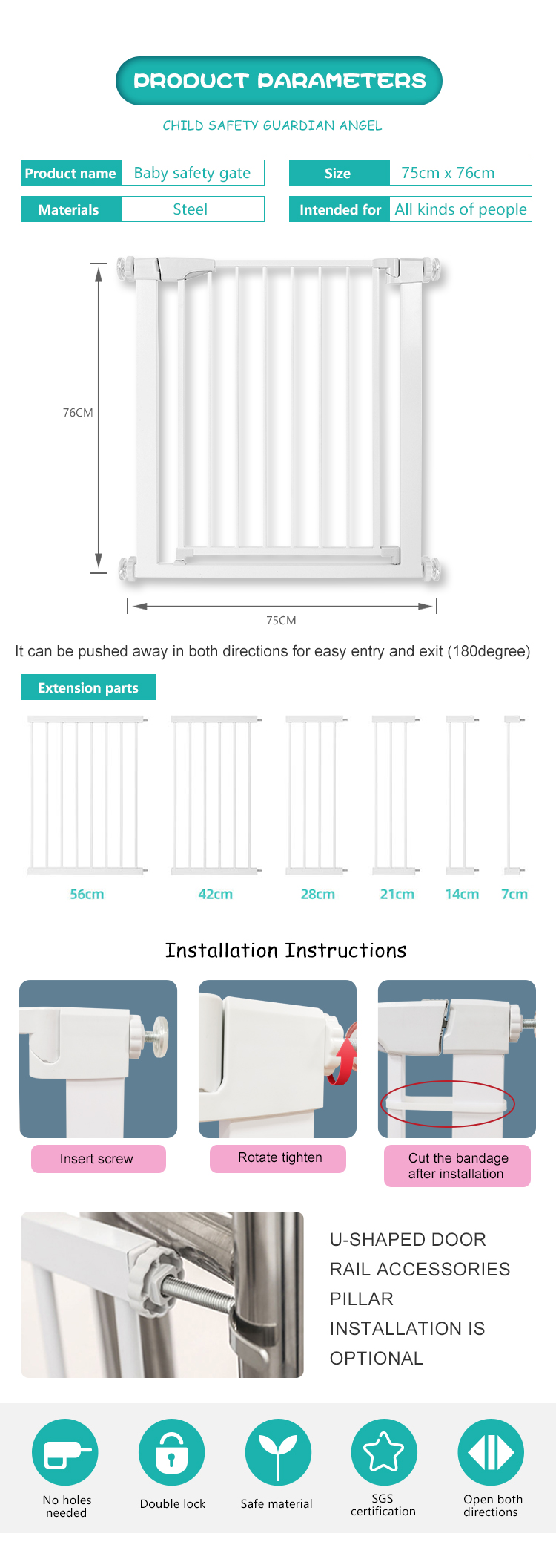 High Quality Door Barrier Baby Gates For Stairs & Doorways, Pressure Mounted Baby Safety Gates BG01-W