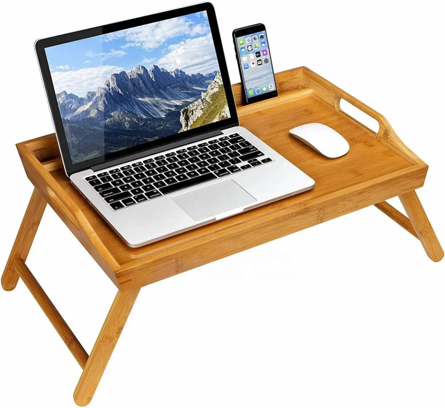 Klappbarer Schreibtisch aus Bambus mit faltbarem Frühstücks tisch für Telefon halter für bis zu 17,3-Zoll-Laptops und die meisten Tablets