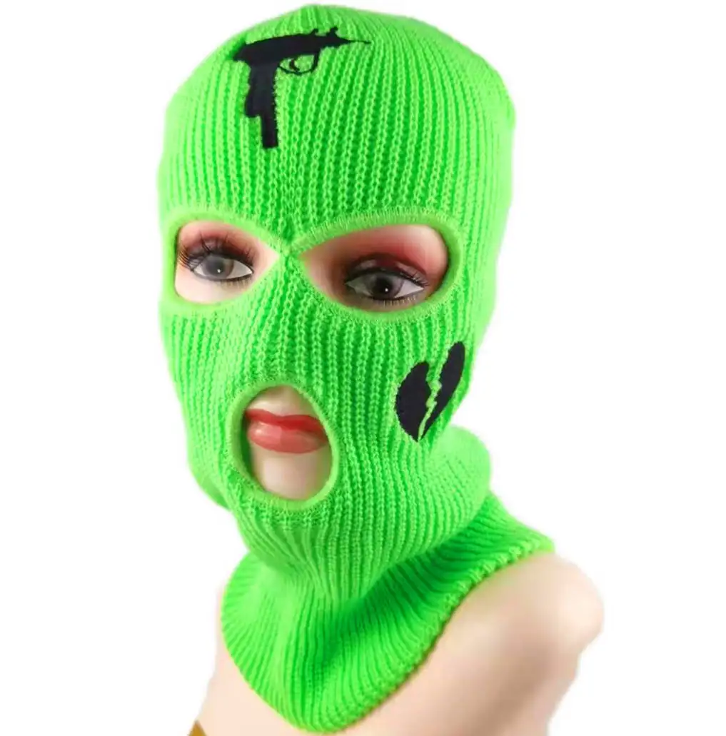 Masker Ski rajutan 3 lubang bordir hati hitam kustom masker Ski balaclava Neon tiga lubang