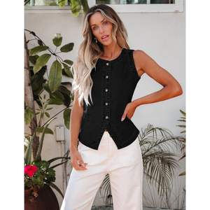 2025 <b>Women's</b> Casual Summer Sleeveless Stretch Denim <b>Vest</b> <b>Top</b> Button Down Crewneck Western Waistcoat Puffer Style - Product Image 6