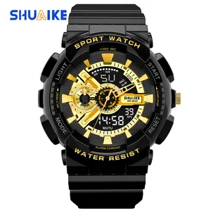 Groothandel Nieuwe Mode Outdoor Sport Horloge Waterdicht Dubbel Scherm Handhorloge Zwart Goud Elektronisch Horloge Analoog Digitaal G Shock