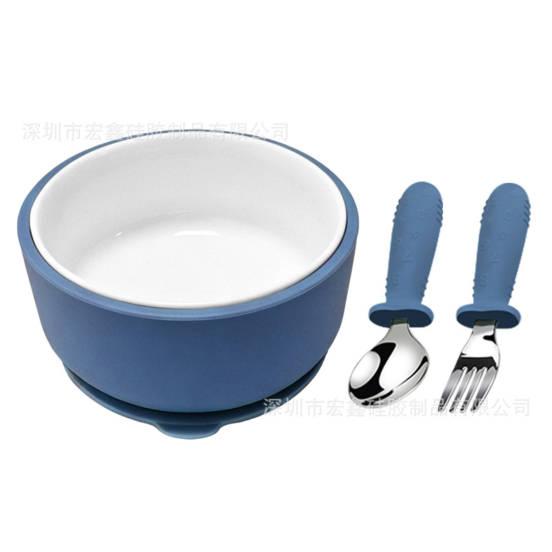 Bol rond en céramique bleu foncé + pelle en acier inoxydable