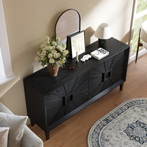Premium Rustic American Farmhouse Credenza 60 In Black Symmetrical Sunburst Door Design Heavy Duty TV Stand - Product Image 3