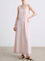 Robe longue décontractée d'été pour femme, sans manches, col en U, avec taille à nouer, ourlet à franges, ample et respirante, idéale pour la plage