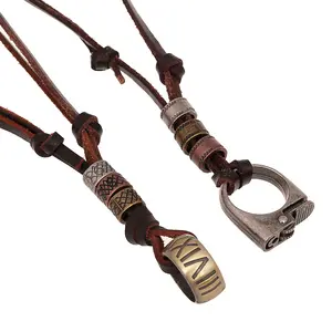 Skerwal Jewelry Vintage Cowhide Leather Necklace Alloy Lighter Roman Ring Pendant Necklace Street Rock Gift
