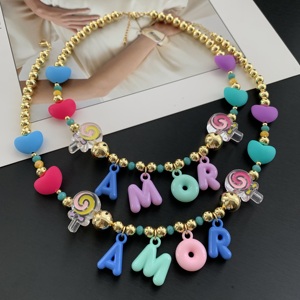 Nouveau <span class=keywords><strong>Collier</strong></span> BD-C6404 Tendance avec Perles Dorées, Breloque Lettre Bulle Colorée pour Fête, <span class=keywords><strong>Collier</strong></span> AMOR Cœur Mignon <span class=keywords><strong>Sucette</strong></span> - Product Image 1