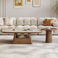 Ensemble de table basse élégante et moderne pour salon, avec plateau en pierre frittée légère et base en bois, pour la maison ou le bureau