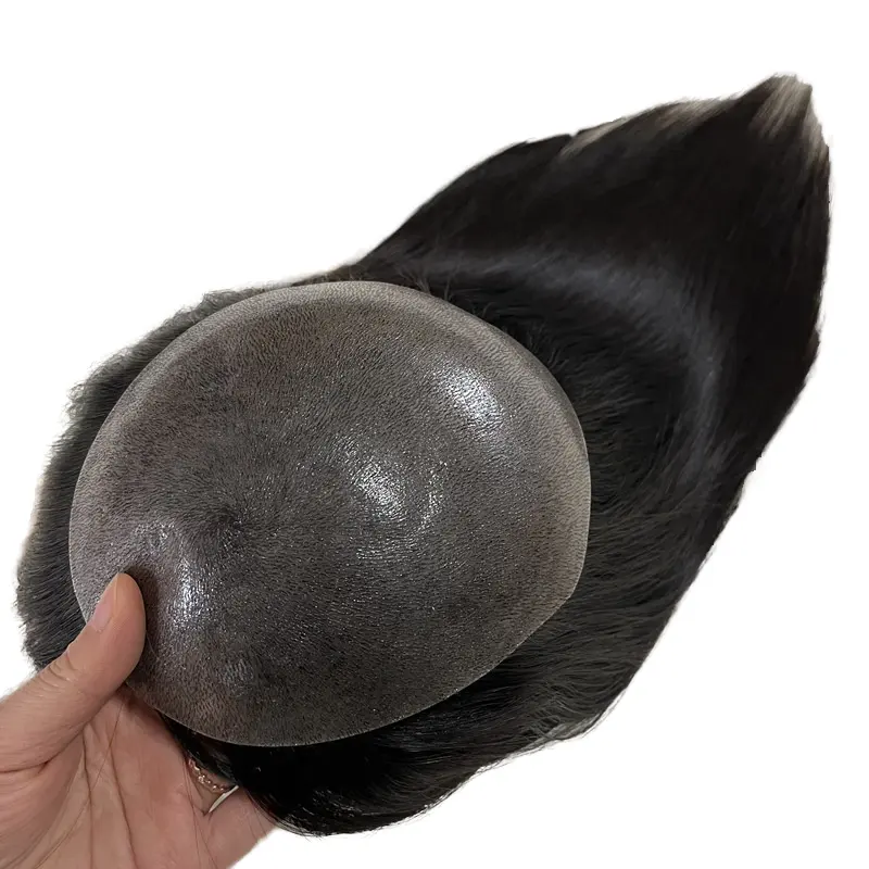 Tupé de cabello humano Remy indio 100% atado a mano solo anudado 0,06mm piel completa de PU Topper de cabello de mujer negro natural
