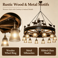 Lustre de plafond style ferme américaine avec roue de chariot, design découpé moulin à vent Longhorn, rustique, hauteur réglable