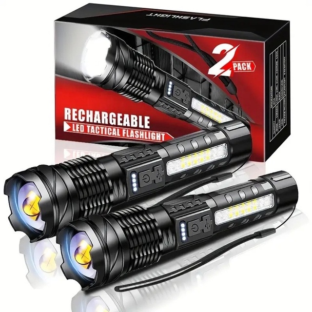 2-Pack Gift Box P50 Laser Lamp LED Rechargeable Tactical Flashlights Most Powerful ABS Body Flash Light Zoomable Torches