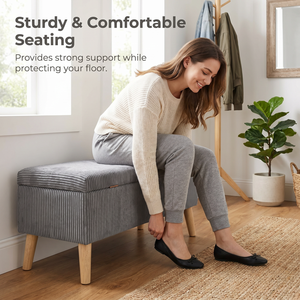 Panca contenitore in velluto a coste grigio oliva, larga 32 pollici, con gambe in legno, coperchio ribaltabile e imbottitura morbida, per fondo letto - Product Image 2