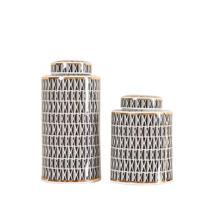Contenitori in Ceramica Rotondi Bianco e Nero dal Design Moderno con Coperchi, Vaso <span class=keywords><strong>Decorativo</strong></span> con Motivo <span class=keywords><strong>Geometrico</strong></span> - Product Image 1