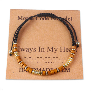 EW-pulsera tejida con código Morse para mujer, joyería de moda, brazalete con cuentas de madera - Product Image 2