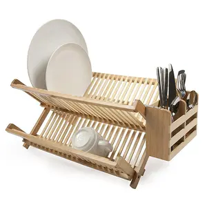 Estante de bambú para platos con soporte para utensilios, Natural