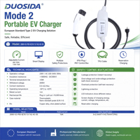 Chargeur EV CE TUV Type 2 IEC 62196 Mode 2 16A 230V 3W Faible consommation en veille ESG Vert TPU 7,6m OEM Europe