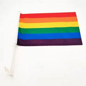 Wholesale Waterproof Gay Pride 110g Knitted Polyester 3 Layers Double Sided Car Window Clips <b>Flag</b> with Plastic Pole - Product Image 3