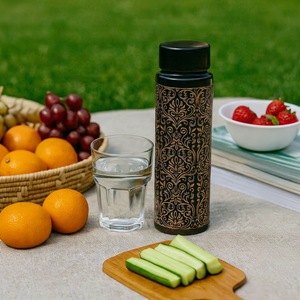 Engraved <b>Copper</b> Water <b>Bottle</b> Black and Gold Handmade Indian Ayurvedic Drinkware Premium Reusable Hydration <b>Bottle</b> - Product Image 1