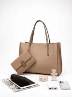Set Tas Tangan Wanita 2-in-1 Elegan - Tas Tote Kulit PU Hitam dengan Ritsleting Trim Cokelat & Clutch Lepas Pasang Berkapasitas Besar