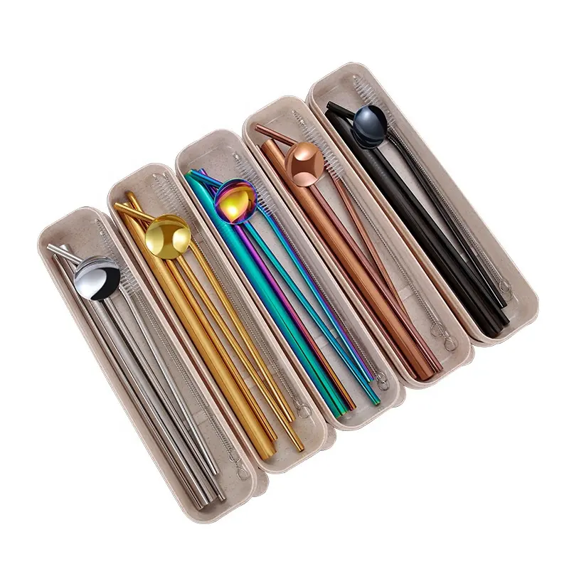 7pcs Stainless Steel Eco-Friendly Drinking Straw Spoon Set Reusable Straw with Cleaning Brush Spoon Wheat Case For Bar Party