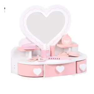 Hot sale children's wooden princess heart shape dresser mini pink and white makeup table chair set kids pretend play toys