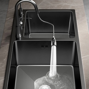 Fregadero de Cocina Moderno Inteligente de Acero Inoxidable, Nano Negro, Grande, Bajo Encimera, con Grifo Multifunción, Doble Tazón Cuadrado, 2 Orificios - Product Image 5