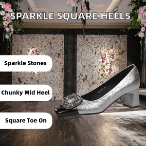 Zapatos de tacón de mujer con punta cuadrada de charol craquelado, tacón medio grueso con pedrería brillante, estilo slip-on, para oficina, bodas y fiestas - Product Image 2