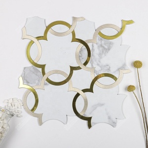 Waterjet Marble <strong>White</strong> Gold PVC Vinyl Peel and <strong>Stick</strong> Mosaic <strong>Stick</strong> <strong>on</strong> Self Adhesive <strong>Tile</strong> for Wall Backsplash Kitchen Bathroom DIY - Product Image 1