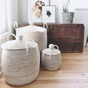 Panier en paille tissé avec couvercle, panier à linge, panier de rangement du vietnam - Product Image 1