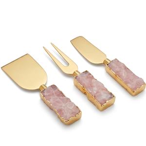 Stylish Metal <b>Cheese</b> <b>Knife</b> <b>Set</b> With Pink Stone Handle Durable Stainless Steel Blades For Kitchen Use Dining And Hotel Use - Product Image 1