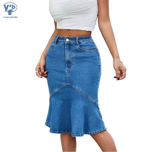 Falda de Mezclilla Estilo Sirena para Mujer YUANBOFEI, de Alta Calidad, Lavado Vintage, Cintura Alta, Costuras en Contraste - Product Image 1