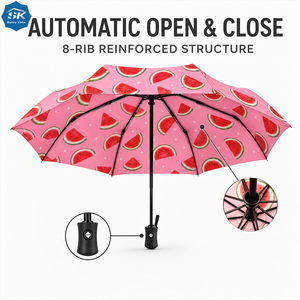 Parapluie pliant automatique compact de voyage, certifié BSCI, imprimé pastèque rose, pour le soleil et la pluie, avec pochette de rangement - Product Image 2