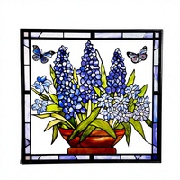 Panneau de vitrail suspendu carré Bluebonnet motif Fleur d'iris bleue et Papillon, 78 pouces, en verre véritable, attrape-soleil, décoration maison et jardin, cadeau