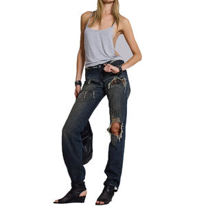 Pantalones Vaqueros de Corte Bootcut Personalizados, Estilo Rock Retro Punk, con Tachuelas Metálicas, de Cintura Baja y Desgarrados - Product Image 1