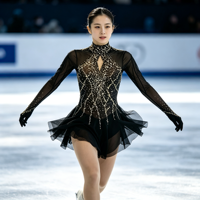 Robe de patinage artistique noire à col montant, manches longues en maille, dos découpé avec strass, pour performance des filles adultes